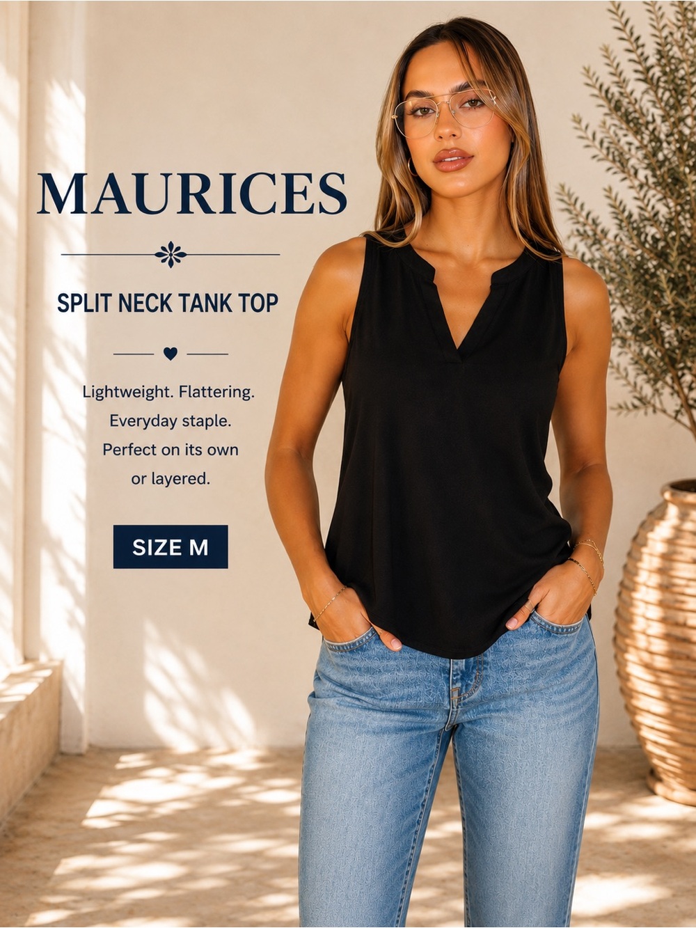 Maurices Black Sleeveless Split Neck Blouse Women’s Size M Lightweight Top